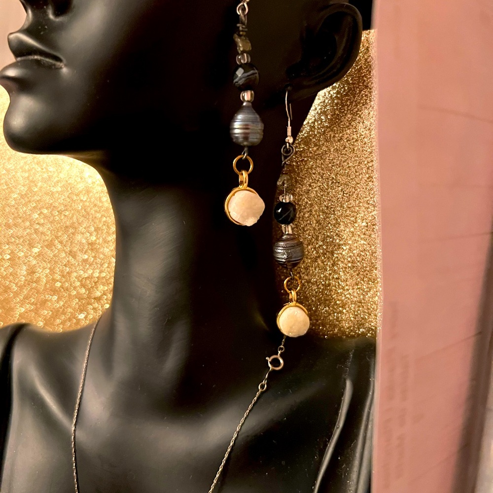 Handmade Baroque Pearl, genuine agate, pyrite and druzy on 925 Sterling earrings